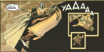 Cena da do quadrinho de 300 onde Leônidas chuta um persa no poço enquanto grita "Isso é Esparta"